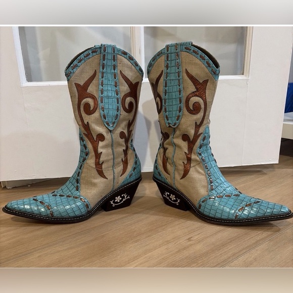 Donald J. Pliner Turquoise Mother of Pearl Cowboy Boots Western Rodeo Womens 9M - Picture 2 of 12